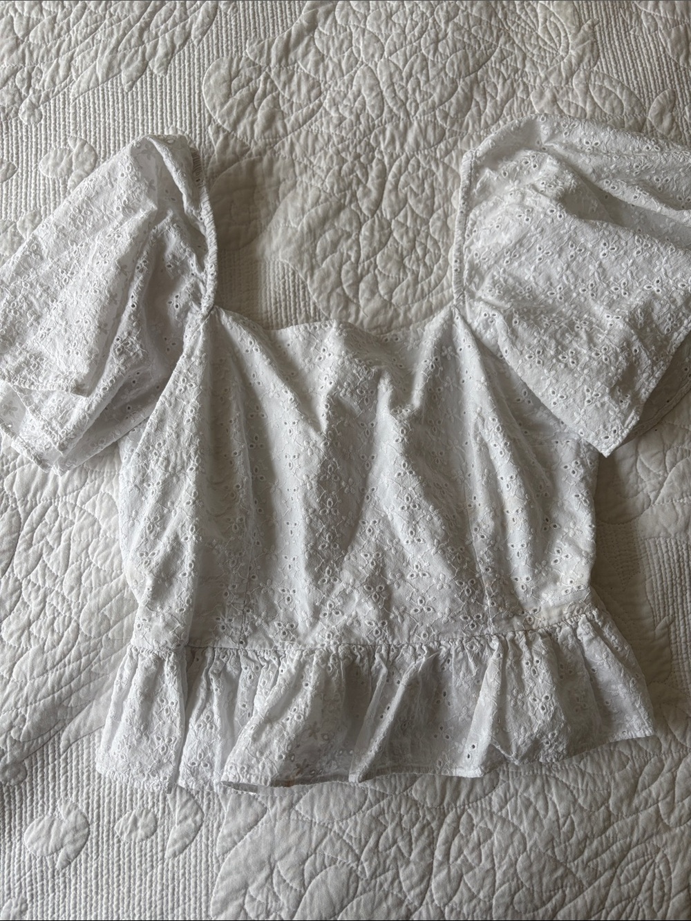 1. State White Eyelet Puff Sleeve Peplum Blouse